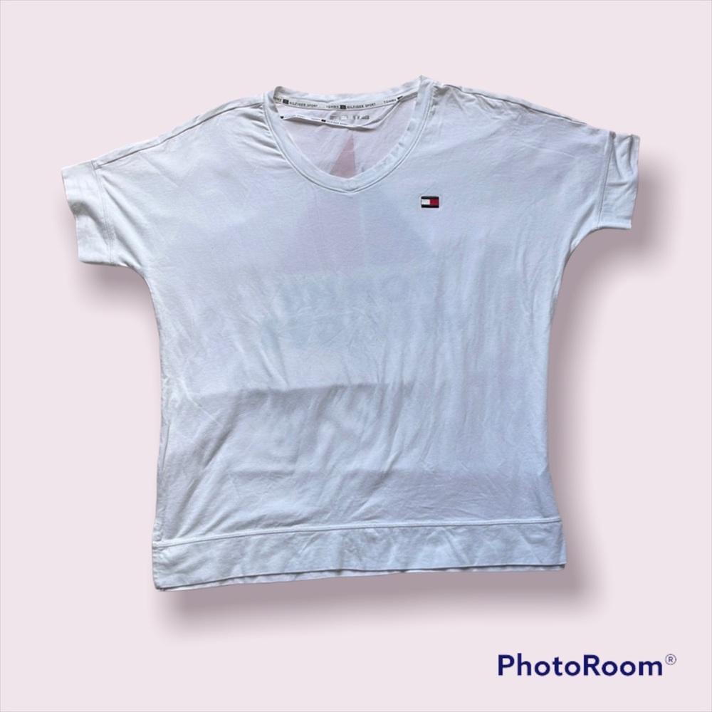 Tommy Hilfiger Sport V-neck Embroidered Logo Graphic White Short Sleeve T-Shirt